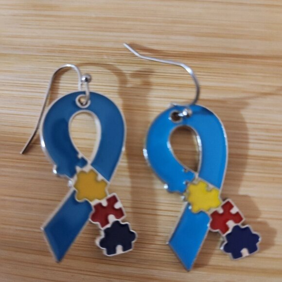 Autism Awareness Pierced Drop Earrings Ribbon Blue Yellow Red Navy 1.25" - Picture 3 of 5